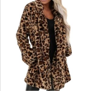 Lanshifei Faux‎ fur/Fleece Glamorous leopard print brown/Black Jacket Coat Sz M